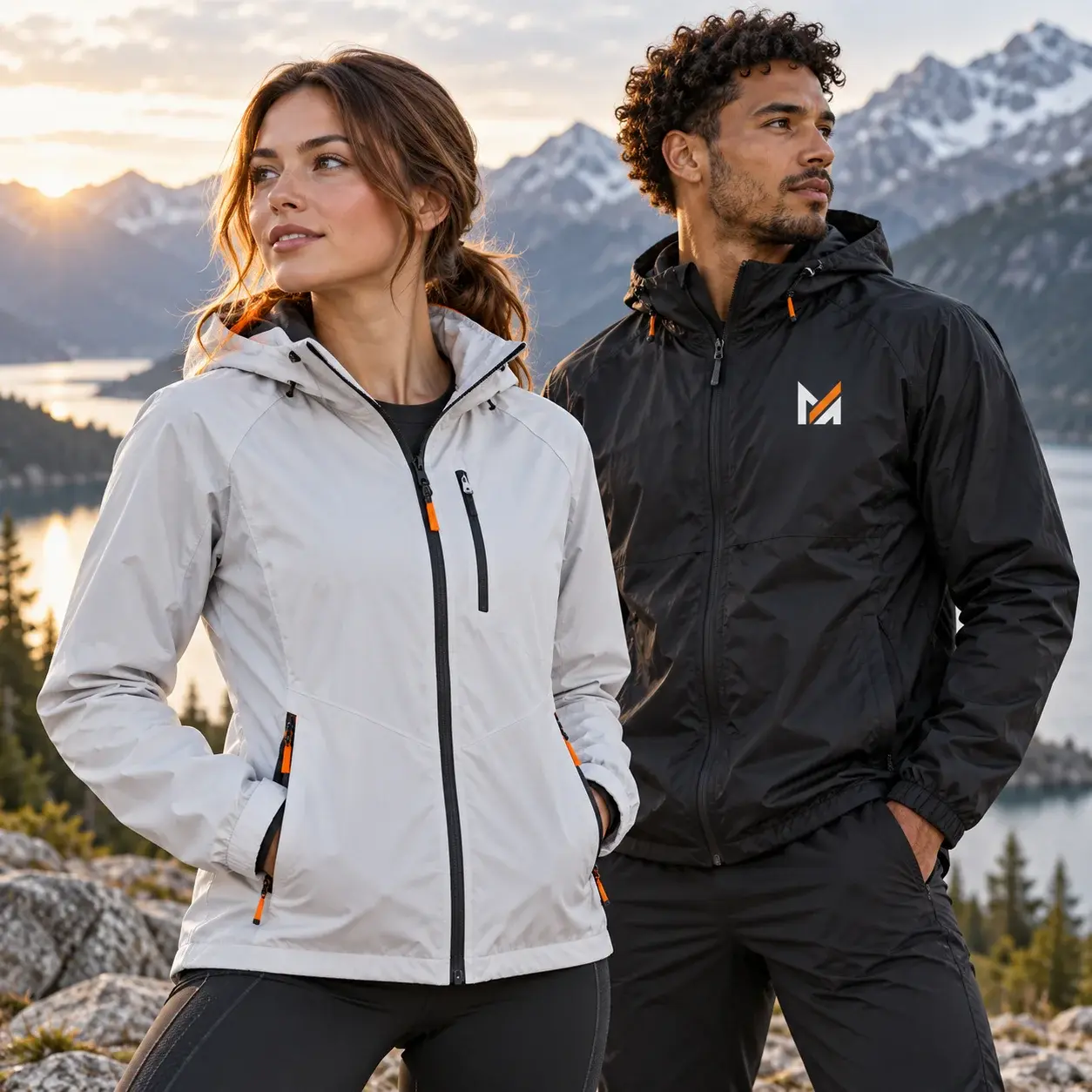 Two models wearing custom white and black hooded sports jackets with orange zipper accents and Mega Apparel branding, posing outdoors beside a mountain lake.